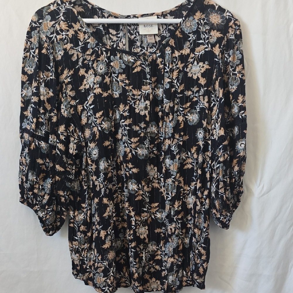 Knox Rose Navy Floral Flowy Boho Button Down Blouse Women's XXL 2X